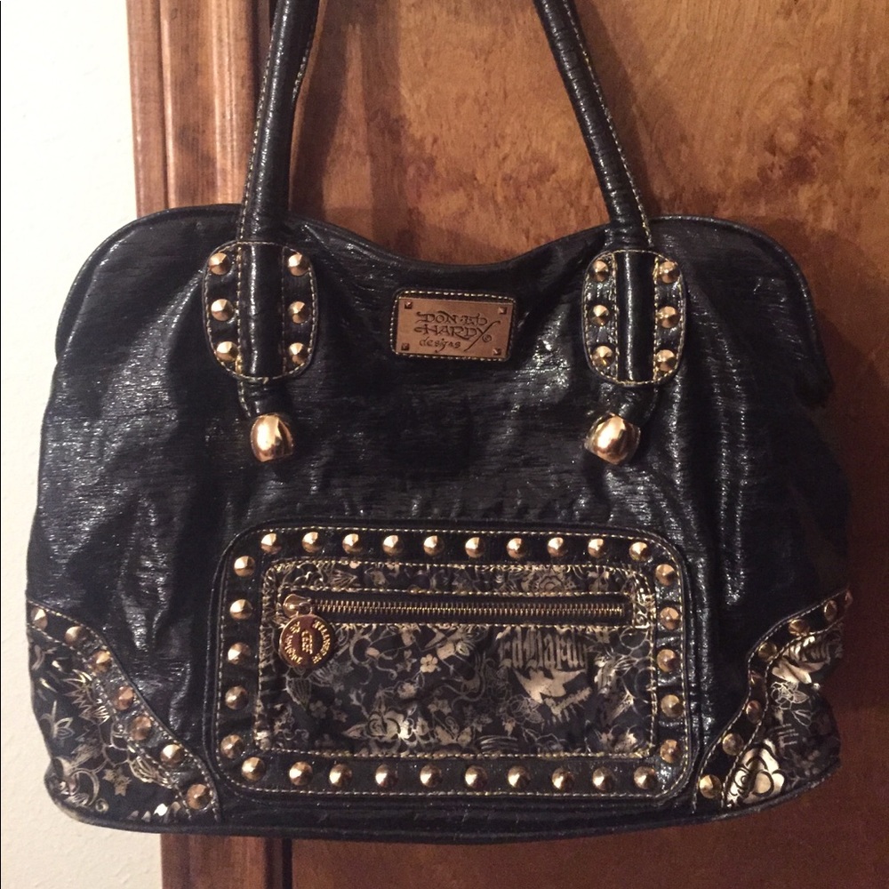 Ed Hardy Black and Gold Leather Purse